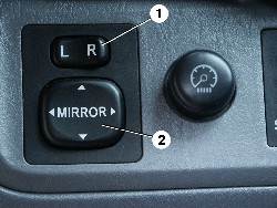Расположение реверсивного переключателя (1) и установочного (2) переключателя наружного зеркала
